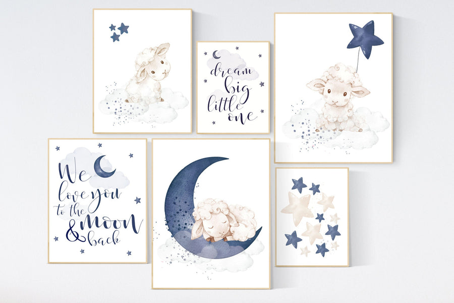 Lamb nursery print set, sheep nursery above crib art, navy nursery, sheep nursery art, sheep baby decor, Boy Wall Art, Baby Blue, Boy Lamb