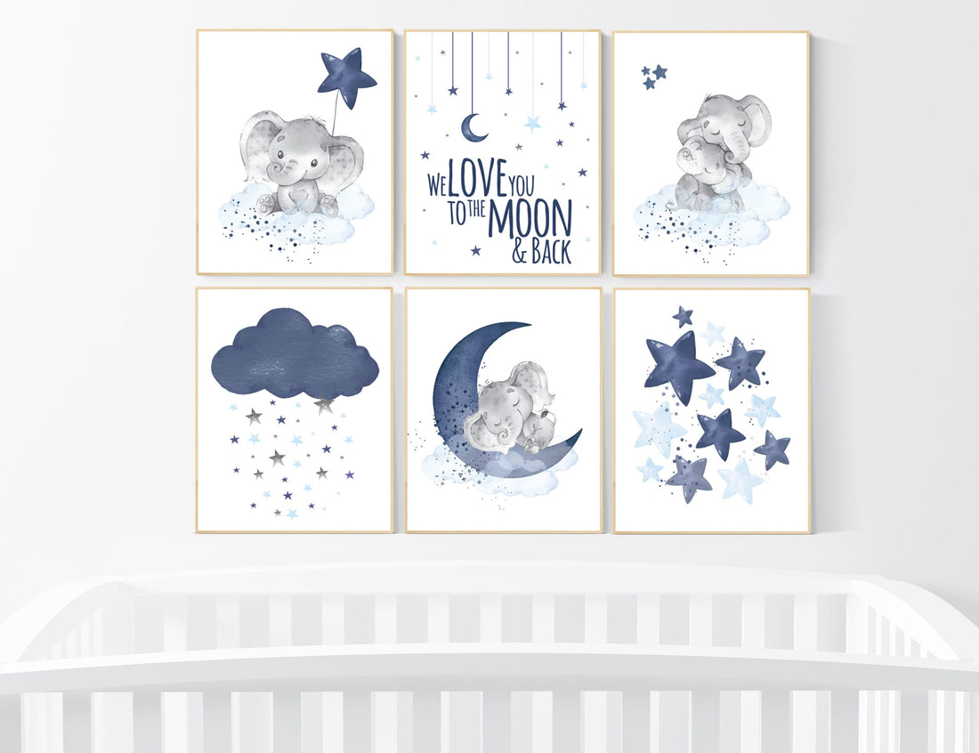 Nursery decor boy elephant, nursery wall art boy, navy and blue, moon and stars, navy blue nursery, boy nursery decor, elephant nursery art