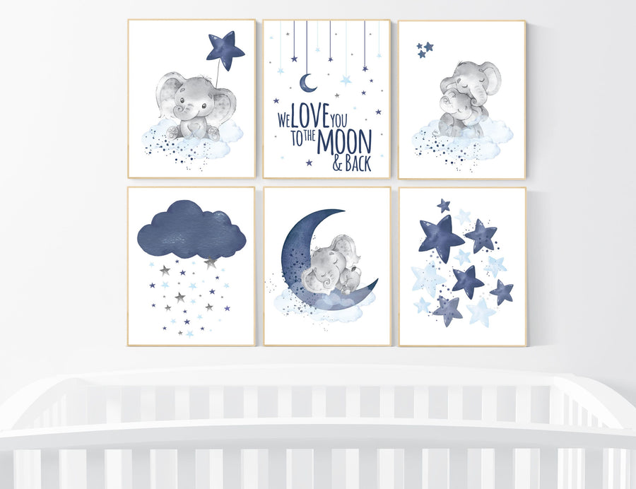Nursery decor boy elephant, nursery wall art boy, navy and blue, moon and stars, navy blue nursery, boy nursery decor, elephant nursery art