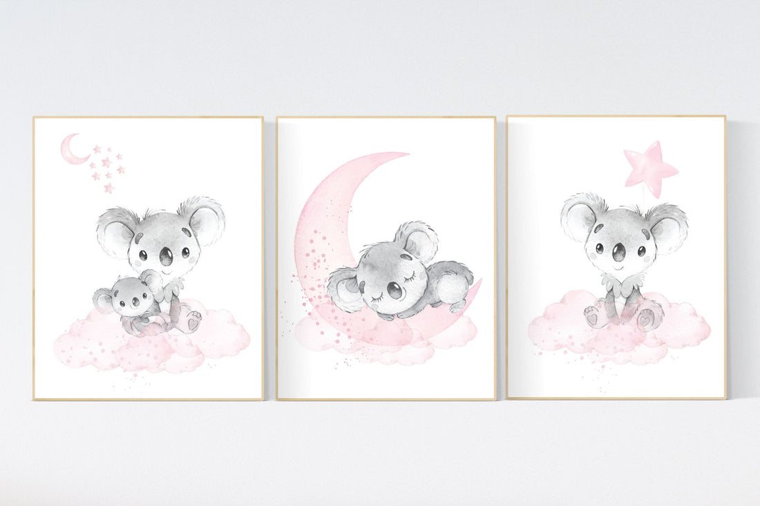 Nursery decor girl, koala nursery, moon and stars, pink nursery art, nursery prints animals, pink nursery decor, koala mother and baby