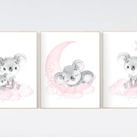 Nursery decor girl, koala nursery, moon and stars, pink nursery art, nursery prints animals, pink nursery decor, koala mother and baby