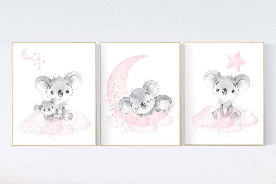 Nursery decor girl, koala nursery, moon and stars, pink nursery art, nursery prints animals, pink nursery decor, koala mother and baby