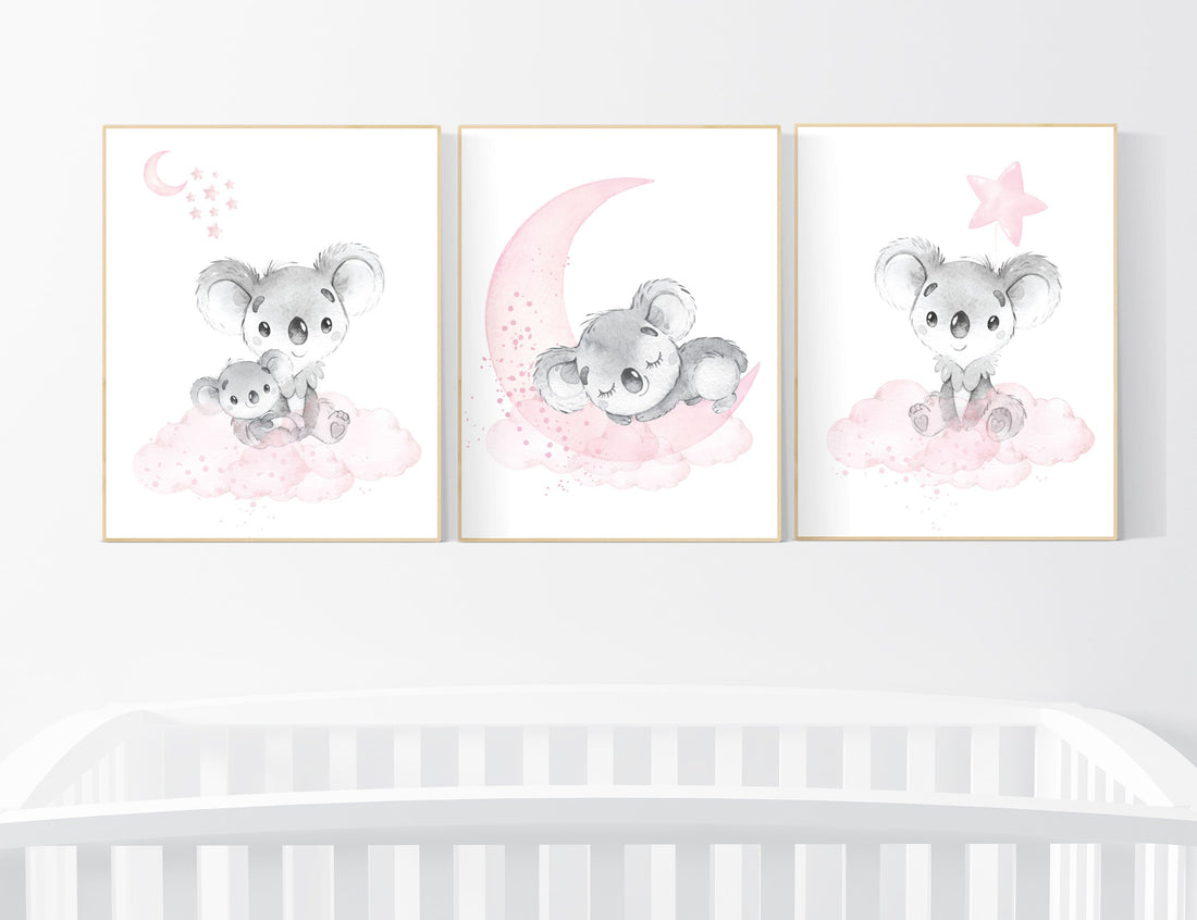 Nursery decor girl, koala nursery, moon and stars, pink nursery art, nursery prints animals, pink nursery decor, koala mother and baby