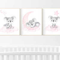 Nursery decor girl, koala nursery, moon and stars, pink nursery art, nursery prints animals, pink nursery decor, koala mother and baby