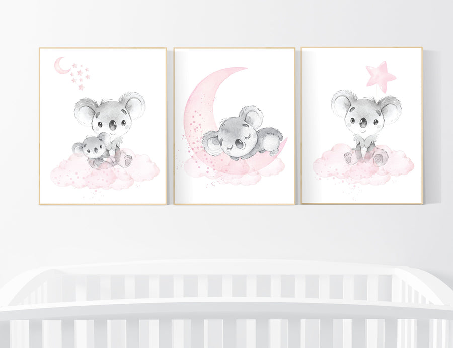 Nursery decor girl, koala nursery, moon and stars, pink nursery art, nursery prints animals, pink nursery decor, koala mother and baby