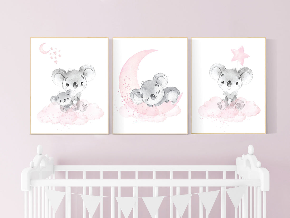 Nursery decor girl, koala nursery, moon and stars, pink nursery art, nursery prints animals, pink nursery decor, koala mother and baby