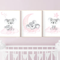 Nursery decor girl, koala nursery, moon and stars, pink nursery art, nursery prints animals, pink nursery decor, koala mother and baby