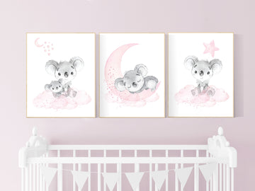 Nursery decor girl, koala nursery, moon and stars, pink nursery art, nursery prints animals, pink nursery decor, koala mother and baby