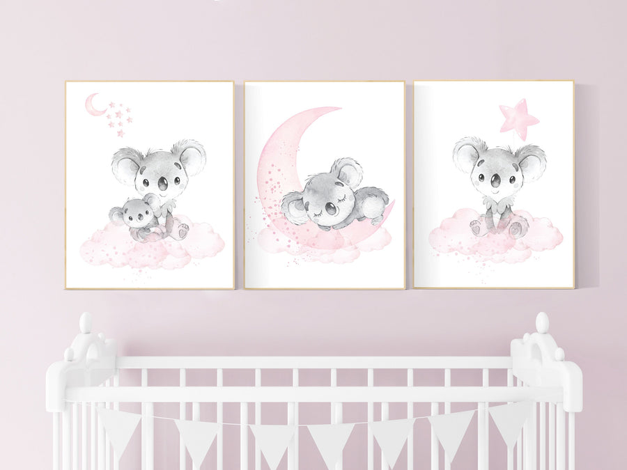 Nursery decor girl, koala nursery, moon and stars, pink nursery art, nursery prints animals, pink nursery decor, koala mother and baby