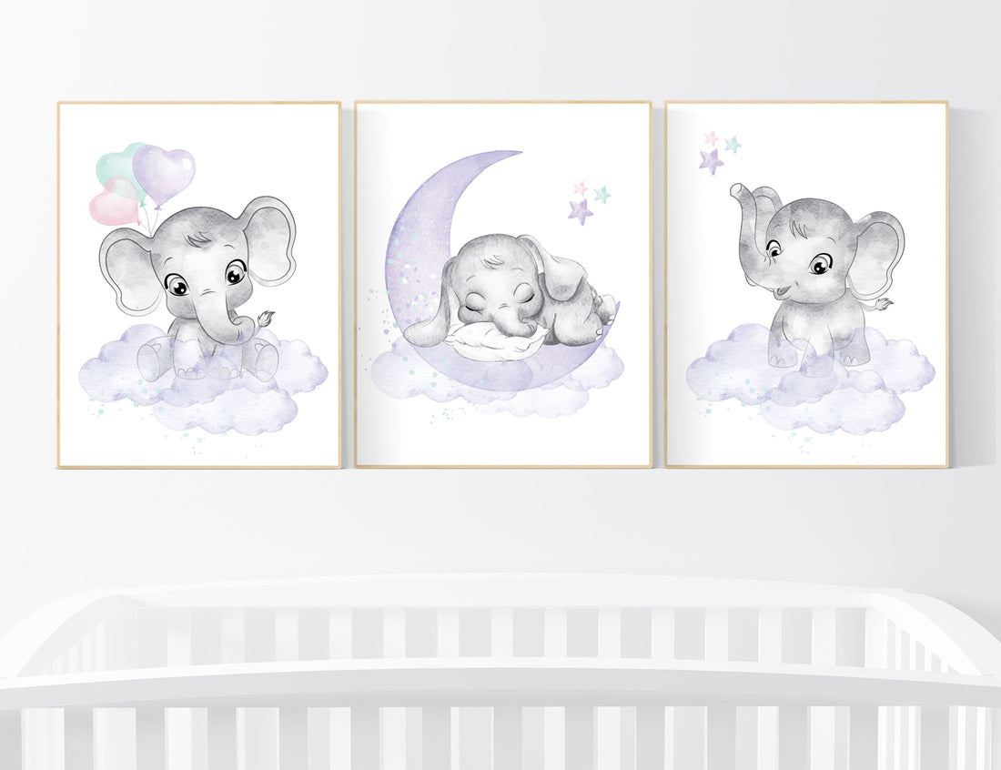 Nursery decor girl, mint, lilac, pink, Nursery wall art girl elephant, nursery decor girl purple, nursery wall art stars, nursery prints