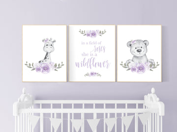Nursery decor girl lilac, Floral jungle animals, bear, giraffe, Nursery wall art, flower, purple, in a field of roses she is a wildflower