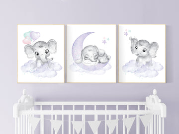 Nursery decor girl, mint, lilac, pink, Nursery wall art girl elephant, nursery decor girl purple, nursery wall art stars, nursery prints