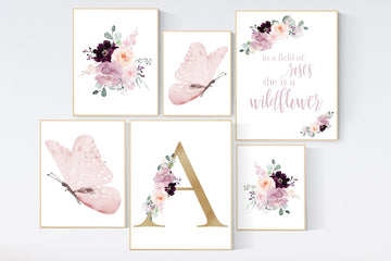 Nursery decor girl purple, mauve, Burgundy, floral nursery, flower nursery, butterfly, in a field of roses she is a wildflower, blush