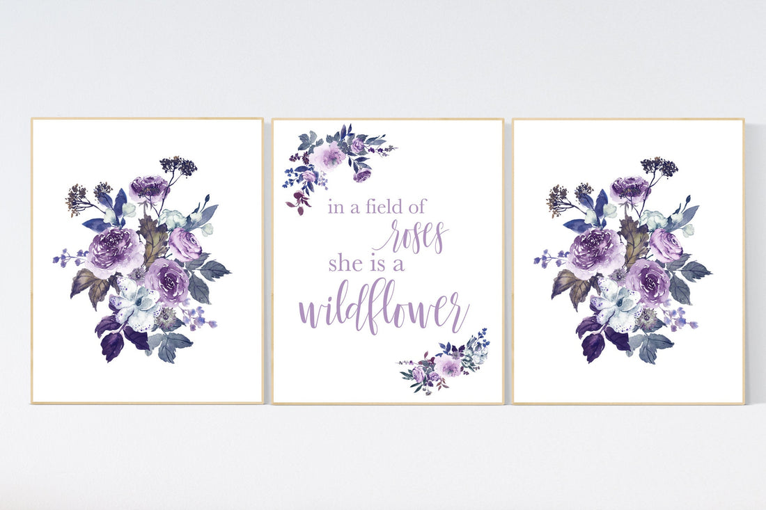 Nursery decor girl purple, burgundy, nursery decor girl floral, flower nursery, in a field of roses she is a wildflower, girl room decor
