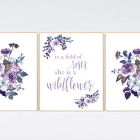 Nursery decor girl purple, burgundy, nursery decor girl floral, flower nursery, in a field of roses she is a wildflower, girl room decor
