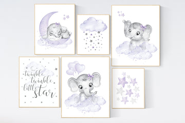 Nursery decor girl purple, lilac nursery decor, nursery decor elephant girl, moon and stars, nursery prints girl, lavender, star nursery