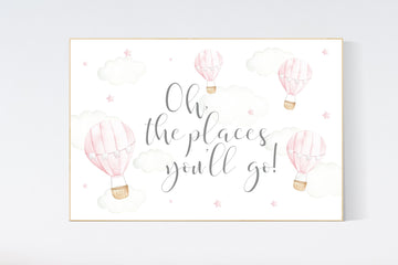 Hot air balloon nursery, Nursery decor girl, pink nursery, oh the places you'll go, nursery decor girl, animal nursery, woodland animals