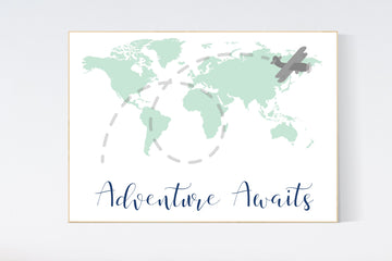 World map mint, nursery decor mint green, mint nursery, gender neutral nursery, travel nursery, world map nursery, mint green decor