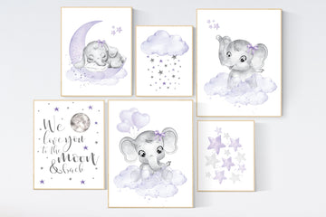 Nursery decor girl lilac, purple nursery, nursery decor elephant girl, moon and stars, nursery prints girl, lavender, star nursery