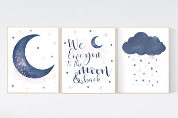 Nursery decor, We love you to the moon and back, pink and navy nursery art, navy pink, stars, moon, cloud, twin nursery, gender neutral