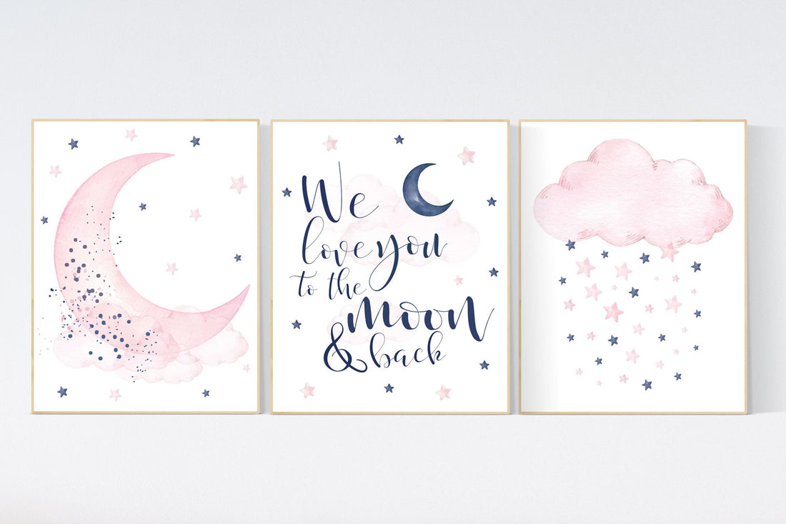 Nursery decor, We love you to the moon and back, pink and navy nursery art, navy pink, stars, moon, cloud, twin nursery, gender neutral