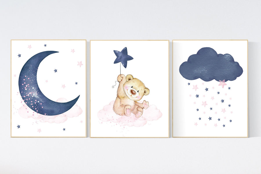 Nursery decor, bear nursery, pink and navy, navy pink, stars, moon, cloud, twin nursery, gender neutral, teddy bear, nursery wall decor