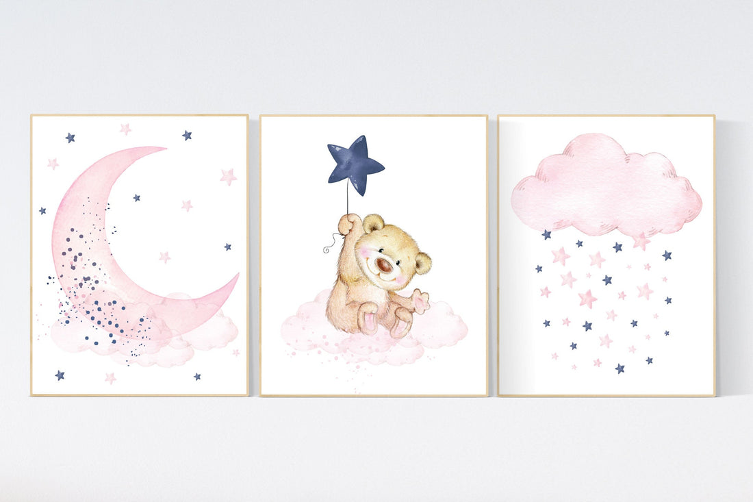 Nursery decor girl, bear nursery, pink and navy, navy pink, stars, moon, cloud, twin nursery, gender neutral, teddy bear, nursery wall decor
