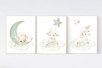 Mint nursery decor, nursery decor lambs, Sheep nursery decor, nursery wall art sheep, gender neutral nursery, cloud and star, mint green