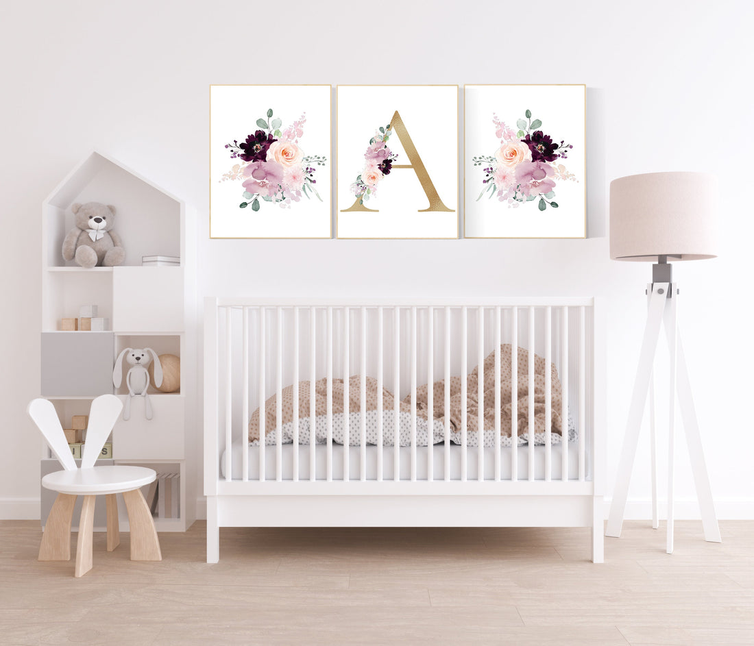 Nursery decor girl purple, mauve, Burgundy, floral nursery, flower nursery, butterfly, nursery prints girl, nursery wall decor girl, name