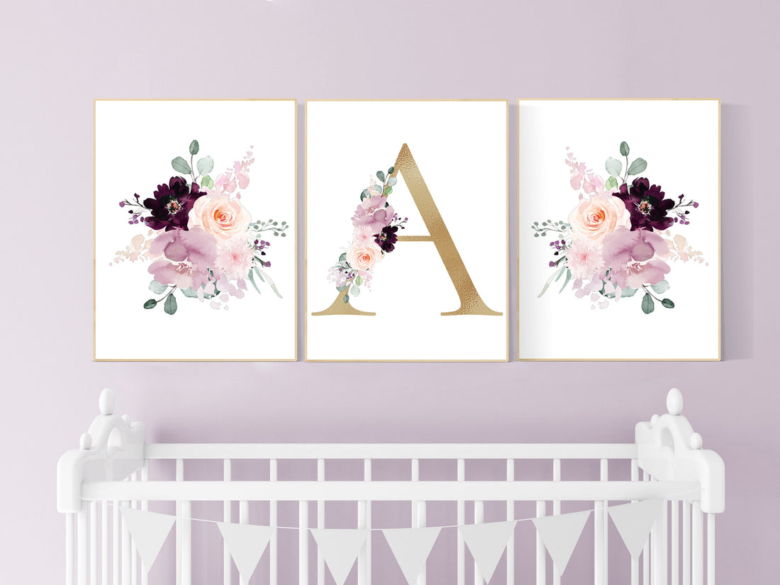 Nursery decor girl purple, mauve, Burgundy, floral nursery, flower nursery, butterfly, nursery prints girl, nursery wall decor girl, name