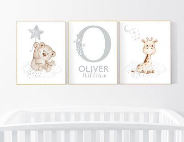 Nursery decor gender neutral, bear, giraffe, nursery wall decor, name nursery print, teddy bear decor, nursery wall art animals, boy nursery