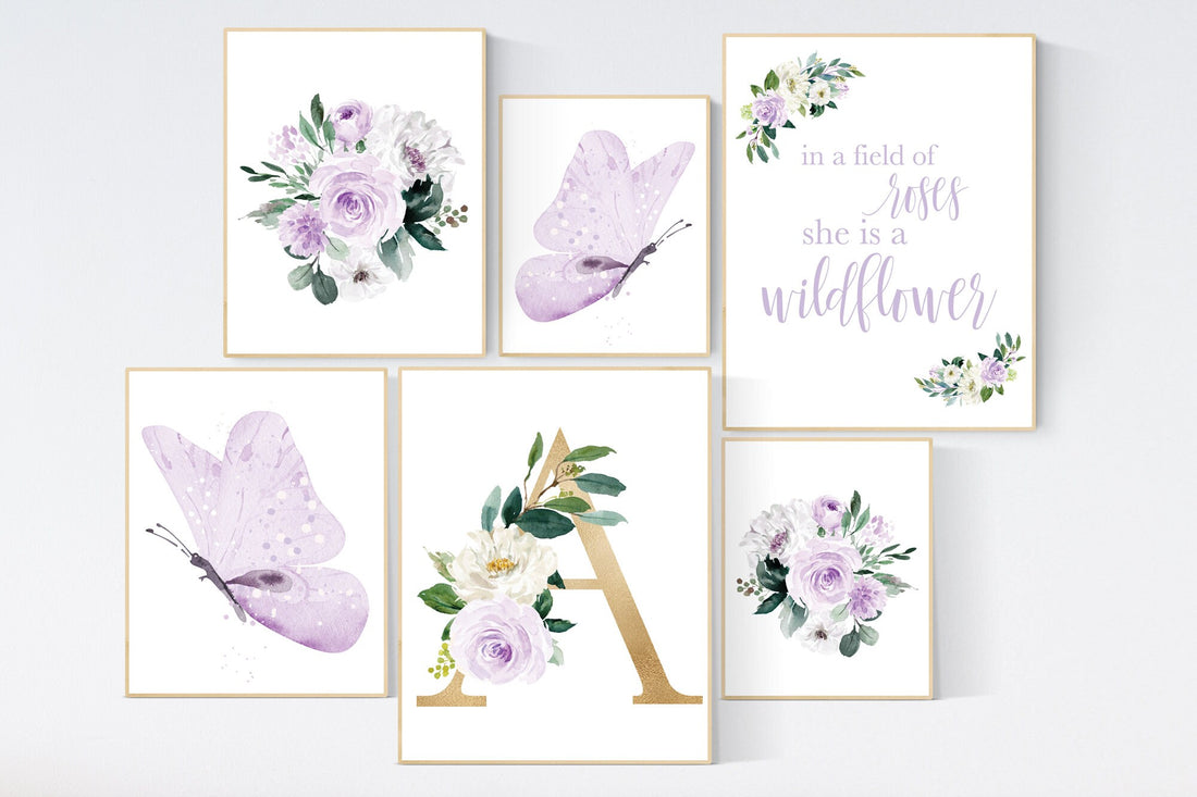Nursery decor purple, Nursery decor girl name, purple gold, in a field of roses she is a wildflower, lavender nursery, lilac nursery prints
