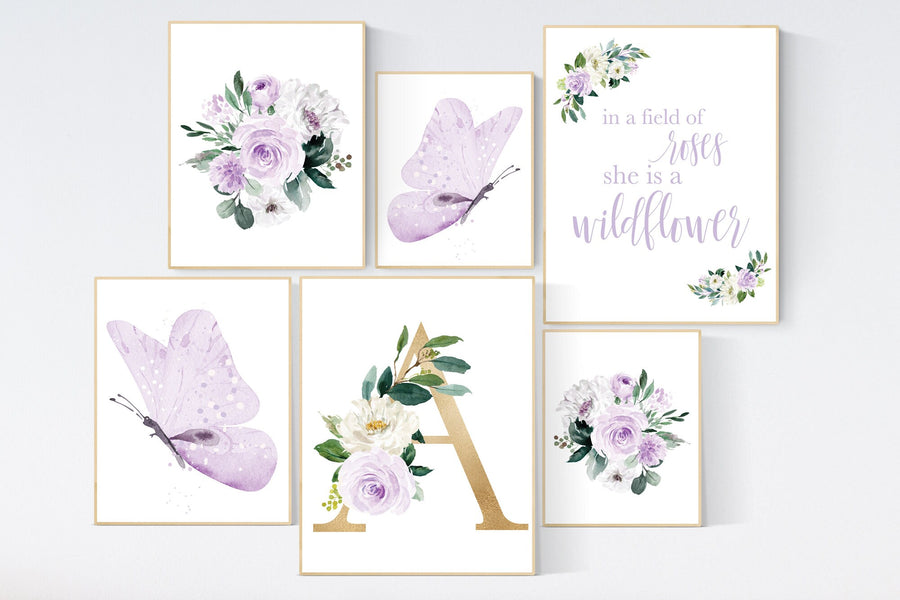 Nursery decor purple, Nursery decor girl name, purple gold, in a field of roses she is a wildflower, lavender nursery, lilac nursery prints