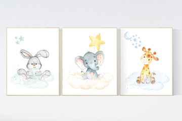 Nursery decor jungle animals, gender neutral nursery, animal nursery prints, Nursery wall art girl elephant, giraffe, bunny, set of 3 prints