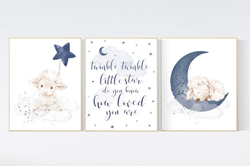 Sheep nursery decor, Nursery decor boy, nursery decor lambs, nursery wall art sheep, moon and cloud wall art nursery, navy nursery wall art