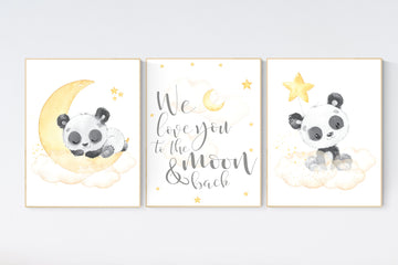 Nursery decor gender neutral. Yellow nursery decor, panda bear, yellow gray nursery wall art, panda prints, animal nursery wall art, neutral