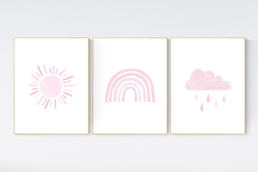 Nursery prints rainbow, Nursery decor girl, nursery wall art, pink nursery, moon star, cloud, nursery wall art, light pink, girl nursery