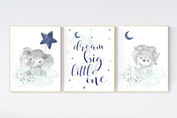 Nursery decor elephant, lion nursery, animal nursery prints, navy mint nursery, baby room wall decor, woodland animal prints, navy and mint
