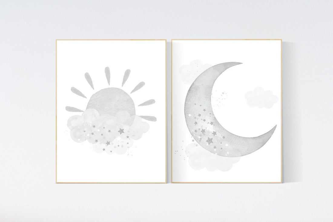 Grey nursery decor, gray nursery decor, sun and moon, grey, moon and stars nursery, gender neutral nursery wall art, sunshine, moon