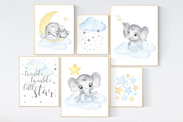 Neutral nursery, elephant nursery wall art, yellow blue, twins, unisex, nursery wall decor, moon and stars, baby room art, gender neutral