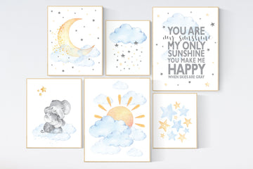 Nursery decor elephant, sunshine nursery, gender neutral nursery wall art, you are my sunshine, sun, cloud, baby room decor, blue yellow