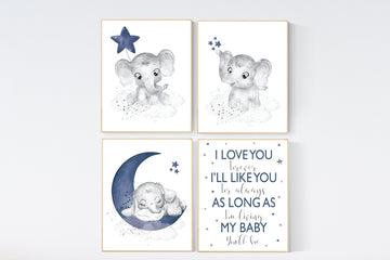 Nursery decor boy elephant, navy nursery decor, moon and stars, navy blue nursery art, elephant nursery, boy nursery wall decor