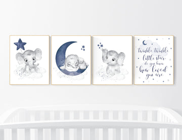 Nursery decor boy elephant, navy nursery decor, moon and stars, navy blue nursery art, elephant, boy nursery, twinkle twinkle little star