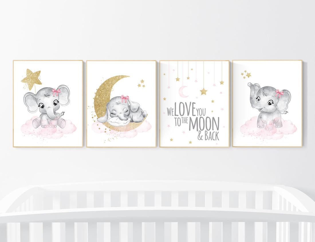 Nursery decor girl elephant, pink and gold nursery, we love you to the moon and back, pink nursery art, cloud and stars, baby room decor