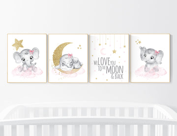 Nursery decor girl elephant, pink and gold nursery, we love you to the moon and back, pink nursery art, cloud and stars, baby room decor