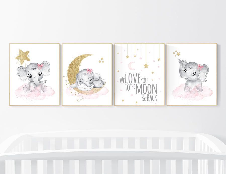 Nursery decor girl elephant, pink and gold nursery, we love you to the moon and back, pink nursery art, cloud and stars, baby room decor