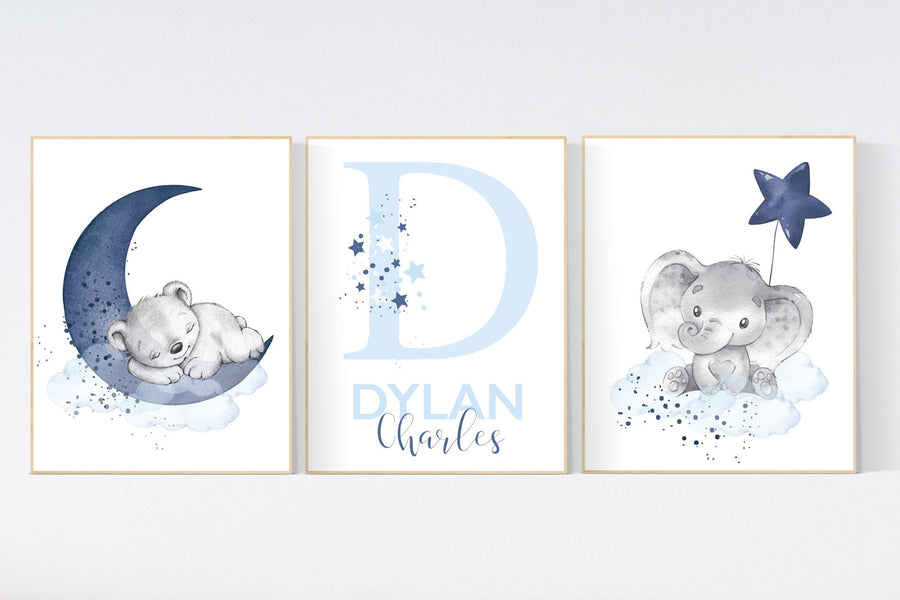 Nursery decor boy, navy blue nursery, elephant, bear, nursery wall art boy, nursery prints boy, set of 3, navy nursery, name nursery, custom