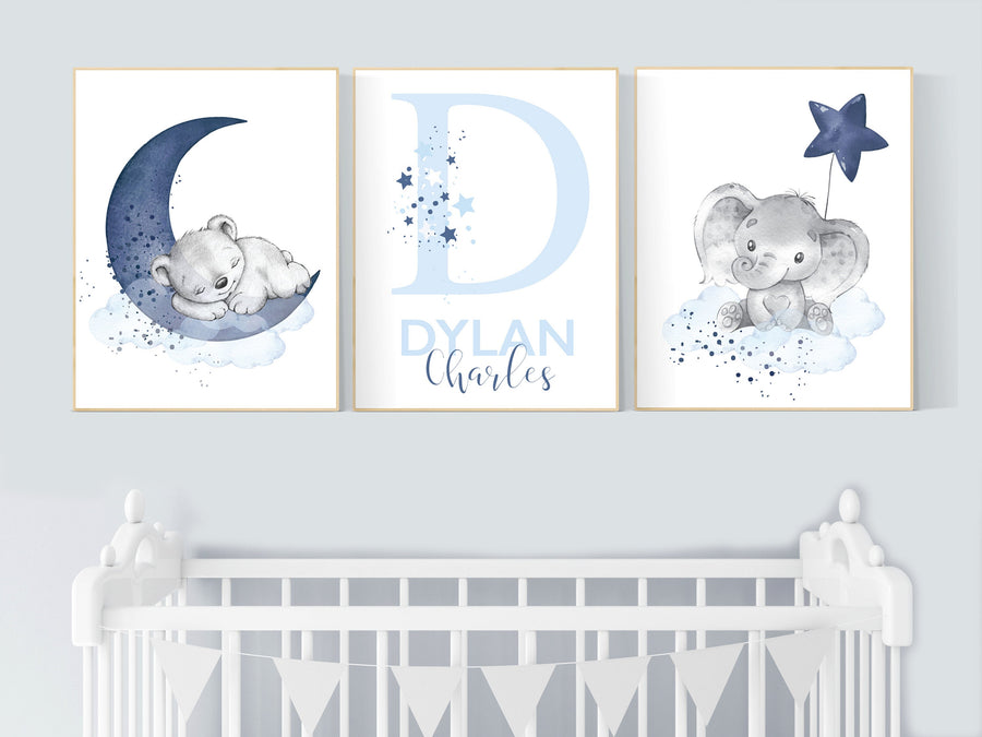 Nursery decor boy, navy blue nursery, elephant, bear, nursery wall art boy, nursery prints boy, set of 3, navy nursery, name nursery, custom