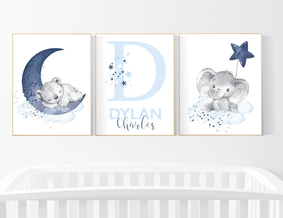 Nursery decor boy, navy blue nursery, elephant, bear, nursery wall art boy, nursery prints boy, set of 3, navy nursery, name nursery, custom