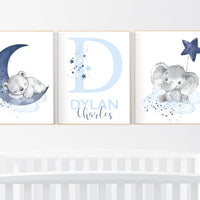 Nursery decor boy, navy blue nursery, elephant, bear, nursery wall art boy, nursery prints boy, set of 3, navy nursery, name nursery, custom